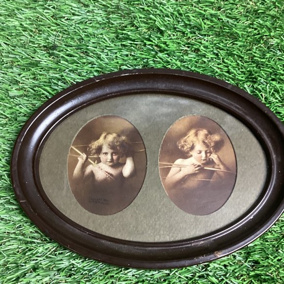 Antique Cupid Awake and Asleep Double Photo Oval Framed Picture - Picture 2 of 11